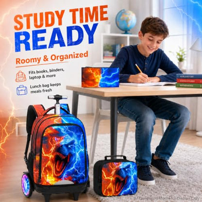 AGSDON Quiet Rolling Backpack with Lunch Box Set – Large Luminous Wheel Water‑Resistant Wheeled Bag for School, Outings, and Travel | Fire-Lightning Dinosaur 3‑Piece Organizer Backpack - color: Large Luminous Wheel Rolling Fire-lightning Dino