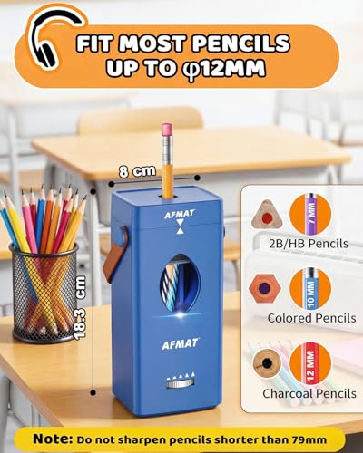 AFMAT Electric Pencil Sharpener, Fully Automatic Pencil Sharpener for 6-12mm No.2/Jumbo Pencils, Auto in & Out, 5 Sharpness Modes, Rechargeable Heavy Duty Sharpeners for Classroom/Home/Office PSC7 - color: Royal Blue