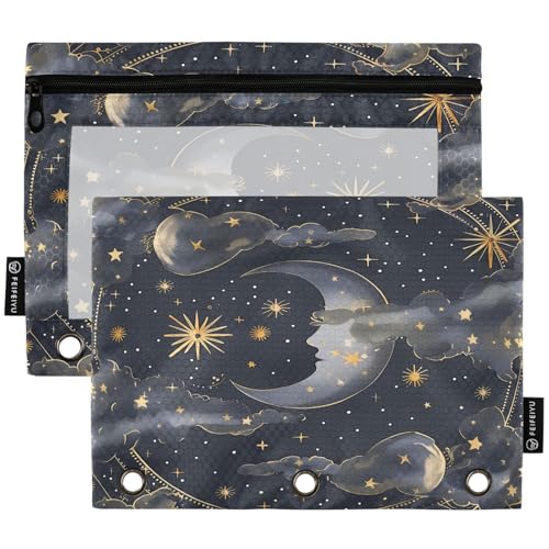 Studying 2 Pack Magic Space Moon with Stars 3 Ring Binder Pencil Pouch Bags,Clear Window Zipper Storage Case for Boys Girls School Office Supplies Cosmetics Organizers - color: Multi-moon