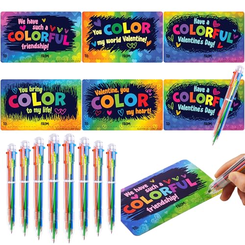 JOYIN 28Pcs Valentines Multicolor Pen with Cards, Stationery Gift Set for Kids, Retractable Colorful Pen with Tapes for Classroom School Exchange Gift, Kids Party Favors, Reward Prizes