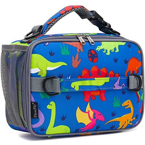FlowFly Kids Lunch Bag, Durable Insulated School Lunch Box with Shoulder Strap and Bottle Holder, Water-resistant Thermal Small Lunch Cooler Tote for Teen Boys & Girls,Dinosaur - color: Dinoasur