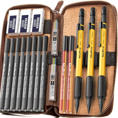 Nicpro 21PCS 1.3 mm Mechanical Pencil Set in Leather Bag with 138 Lead Refill, Eraser, Eraser Refills - Weatherproof Metal Barrel, Heavy Duty Carpenter Pencil for Outdoor Marking Drawing Woodworking - color: Yellow
