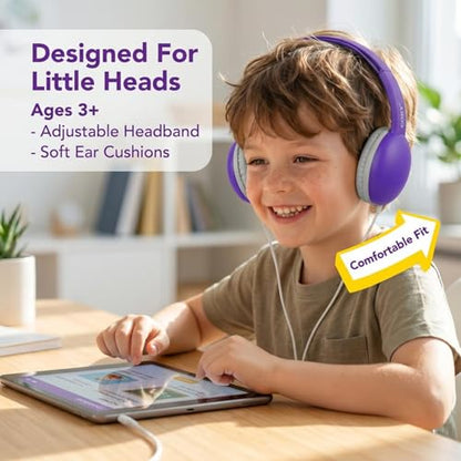 Coby Wired Kids’ Headphones, Over-Ear Headphones with 3.5-Millimeter Jack and Soft Cushions for School, Learning, and Travel, 85 dB Volume Limit, Built-in Microphone, Adjustable Headband, Pink - color: Purple