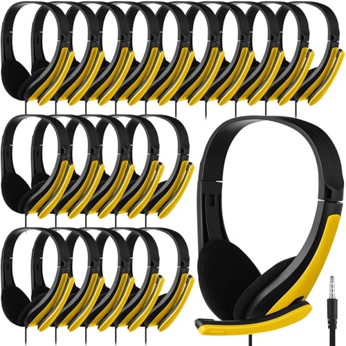 Yunsailing 20 Pack Bulk Classroom Headphones with Microphone Students Wired School Class Set Headphones for School Library Computer Office Adults 3.5 Jack Universal Plug(Yellow) - color: Yellow