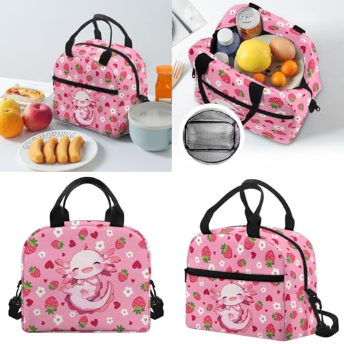 Horeset Axolotl Strawberry Backpack for School Girls Kids 3 Pack 17inch Schoolbag & Water Bottle Sling Bag & Picnic Lunch Bag Primary Elementary School Bookbag with Side Mesh Pocket - color: Axolotl Strawberry