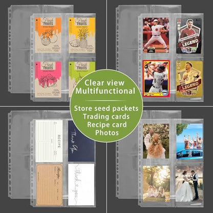 PABCK 100 Pockets Kraft Paper Binder Sheet for Seeds Envelope Photo Sleeves | Garden Seed Packets Organize Book 4 Side Loading (Slot Size 3.62x5.19 inch) Plastic Clear 25 Sheet Album Card Photo Protector