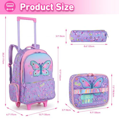 Kids Backpack for Girls with Lunch Box, Rolling Backpack with Wheels, Cute Butterfly Kids Roller Elementary SchoolBag Middle-School Bookbag Back to School Gift - color: L22. Butterfly