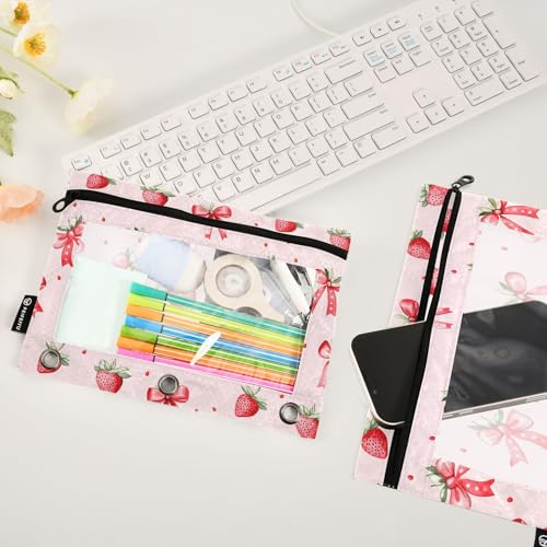 Strawberries Bows Pink Pencil Pouch for 3 Ring Binder 2 Pack Zipper Binder Pencil Bag with Clear Window Pencil Case for Office Supplies - color: Multi23