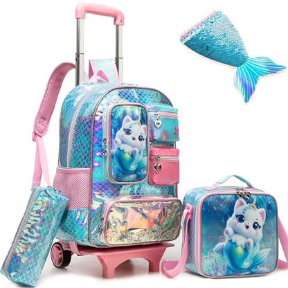 Meetbelify Cute Cat Rolling Backpack for Girls Backpack with Wheels for Elementary Student Kids School Bag with Lunch Box Pencil Case for Girls Ages 6-8 Years Old - color: Cat Mermaid