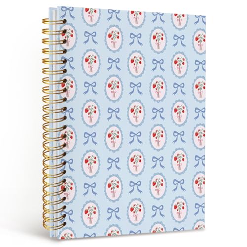 MOFUYU Blue Bow Spiral Notebook for Women,Cute Notebooks for School | Strawberry Preppy Aesthetic Spiral Notebook,Strawberry School Supplies,A5 Size 5.5x8.3 - color: Strawberry(pink)