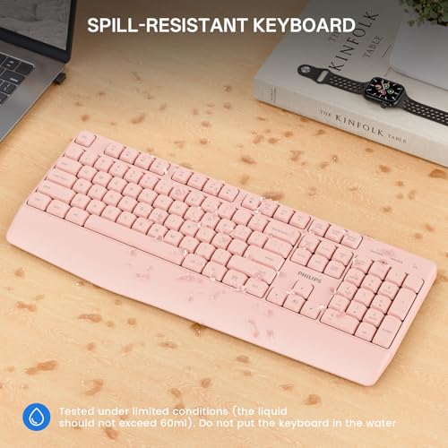 PHILIPS Wireless Keyboard and Mouse Combo-Ergonomic Keyboard and Mouse Wireless Combo with Silent Design,Plug n' Play,Sleep Mode and 2.4GHz Keyboard for Mac, Windows, Laptop-Pink - color: Pink