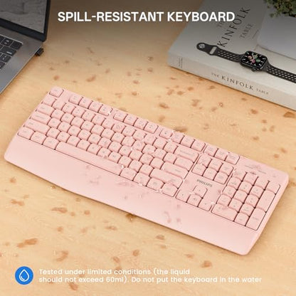 PHILIPS Wireless Keyboard and Mouse Combo-Ergonomic Keyboard and Mouse Wireless Combo with Silent Design,Plug n' Play,Sleep Mode and 2.4GHz Keyboard for Mac, Windows, Laptop-Pink - color: Pink