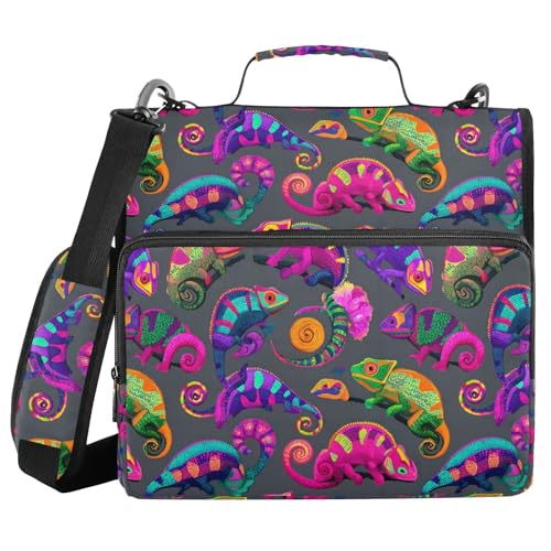 Neon Rainbow Colored Chameleons Zipper Binder 3 Ring with Shoulder Strap 2 Inch Binder Holds 500 Sheets Multi-Pocket Organizer Zipper Binders Organizer for School Students Office - color: Multicolored.22