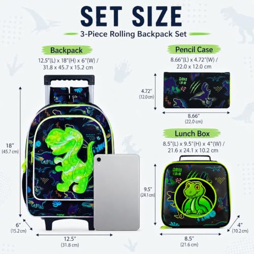 CCJPX 3PCS Dinosaur Rolling Backpack for Boys, 18" Kids Dinosaur Backpacks with Roller Wheels, Wheeled Bookbag with Lunch Box for Toddler Elementary School (Black) - color: Black Green Dinosaur