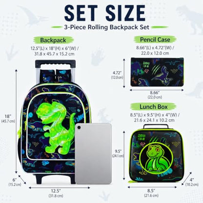 CCJPX 3PCS Dinosaur Rolling Backpack for Boys, 18" Kids Dinosaur Backpacks with Roller Wheels, Wheeled Bookbag with Lunch Box for Toddler Elementary School (Black) - color: Black Green Dinosaur