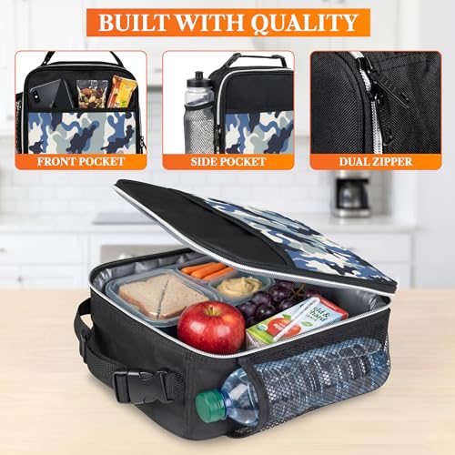 opux Insulated Lunch Bag for Kids Boys Girls, Small Compact Lunch Box with Wide Opening & Mesh Pockets, Reusable Lunch Pail for School, Work, Adults, Men, Women, Camo Blue - color: Blue Camo