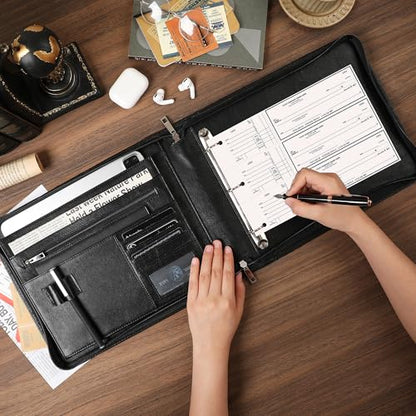 Personalized 3 Ring Check Binder, Engraved Business Checkbook Holder, Zippered for 3 & 9 Holes Checks, 3 on a Page, Oil Black - Custom - color: Oil Black, size: Custom