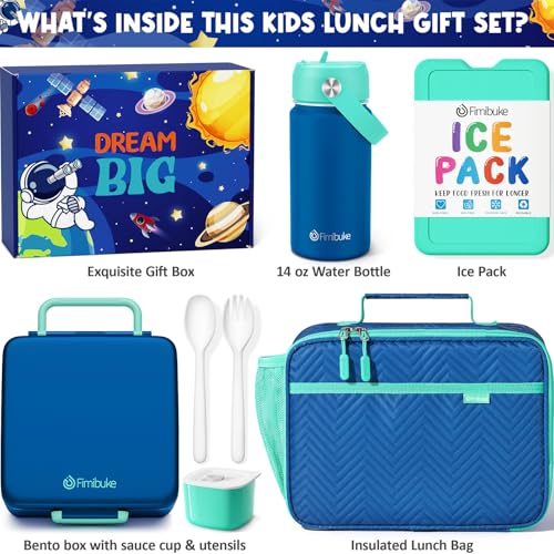 Fimibuke Kids Bento Lunch Box with 4 Compartments, Insulated lunch Bag, Stainless Steel Insulated Water Bottle, Ice Pack & Utensils Set, Birthday Gifts for Ages 3-12 Back to School Toddler Girls Boys - color: A8. Nautica Blue