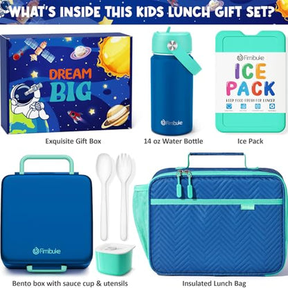 Fimibuke Kids Bento Lunch Box with 4 Compartments, Insulated lunch Bag, Stainless Steel Insulated Water Bottle, Ice Pack & Utensils Set, Birthday Gifts for Ages 3-12 Back to School Toddler Girls Boys - color: A8. Nautica Blue