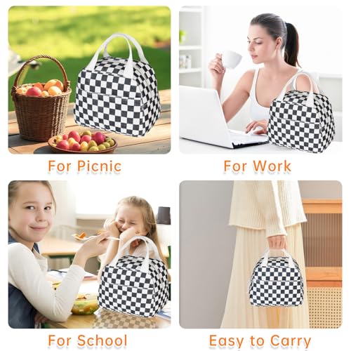 Lunch Bag for Women Men - Reusable Insulated Lunch Box with Handle, Leakproof Checkered Design for Office, School, Picnic - color: White-Black-Grid