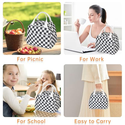 Lunch Bag for Women Men - Reusable Insulated Lunch Box with Handle, Leakproof Checkered Design for Office, School, Picnic - color: White-Black-Grid