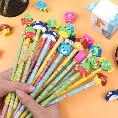 DIYASY 50 Pcs Cute Pencils with Eraser Toppers, Cartoon Animal Wood Pencil Bulk Party Favor Supplies Classroom Rewards Prizes Stationery for Kids