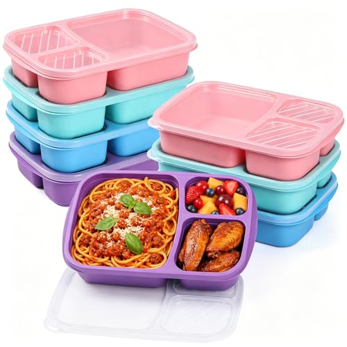 buluker 8 Pack Bento Lunch Box Set 3 Compartment Food Storage Containers Wheat Straw Meal Prep Lunch Box Plastic Food Storage Containers, Microwave and Dishwasher Safe (Vivid Colors) - color: 8 Pack(Vivid Colors）