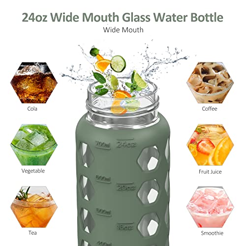 MUKOKO 24oz Glass Water Bottle, Olive | Glass Tumbler with Straw, Drinking Bottles with 2 Lids-Handle Spout Lid & Bamboo Straw Lid, Silicone Sleeve, 1 Pack - color: Olive, size: 24 Ounces