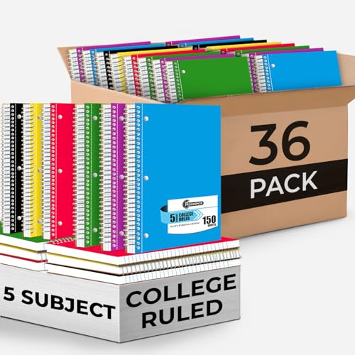 Rosmonde Spiral Notebook 36 Pack, 5 Subject, 300 Pages/Book (150 Sheets), College Ruled, 8 x 10-1/2, School & Office Bulk Spiral Notebooks, Sturdy Spiral Journal Notebook, Soft Cover, Assorted Colors - size: 36 Pack, style: 5 Subject - Soft Cover