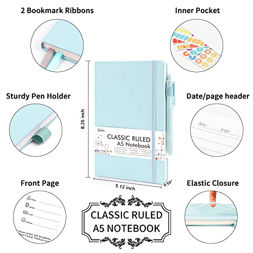 feela 24 Pack Journal Notebook Bulk for Work, Business Notebook Hardcover Lined Writing Journal with Pen Holder for Students Women Note Taking, with 24 Black Pens, 120 GSM, 5.1”x8.3”, A5, Sky Blue - color: 24 sky blue