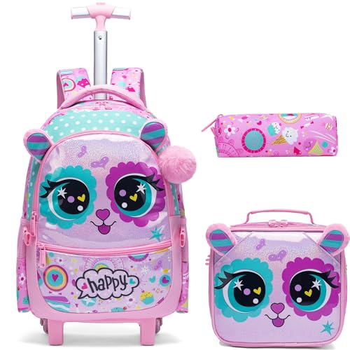 Meetbelify Rolling Backpack for Girls Backpacks with Wheels for Elementary School Students Kids 2 in 1 Travel Luggage Suitcase for Girls Age 8-10 - color: Pink