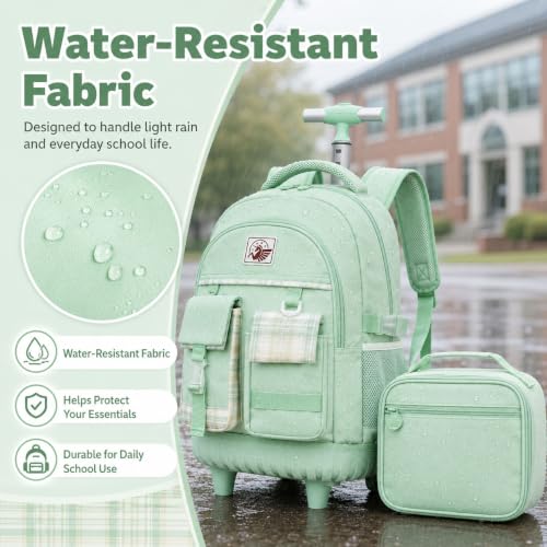 AGSDON Rolling Backpack for Girls, 21" Women Roller Wheels Bookbag, Laptop Wheeled Suitcase School Backpacks with Lunch Bag for Teens - color: Square Green
