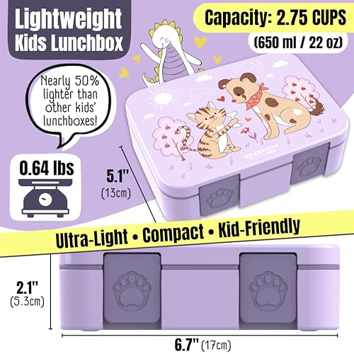 BEARFOOT Kids Lunch Box with Compartments – Compact & Lightweight | Leak-Proof, BPA-Free, Dishwasher Safe | Hand-Drawn Design for Preschool, School, Travel (Dog & Cat Purple, 2.75 Cups) - color: Dog&Cat-Purple, size: 2.75 Cups