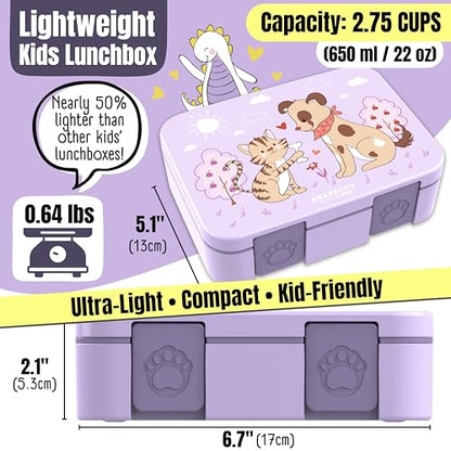 BEARFOOT Kids Lunch Box with Compartments – Compact & Lightweight | Leak-Proof, BPA-Free, Dishwasher Safe | Hand-Drawn Design for Preschool, School, Travel (Dog & Cat Purple, 2.75 Cups) - color: Dog&Cat-Purple, size: 2.75 Cups
