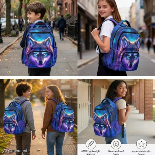Galaxy Wolf Backpack for Girls Kids Backpack with Lunch Box Water Bottle Pouch and Soft Pencil Case 4PCS Set Cute Bookbag with Front Pocket 17" Large School Bag for Graduation Season Gift - color: Cool Galaxy Wolf