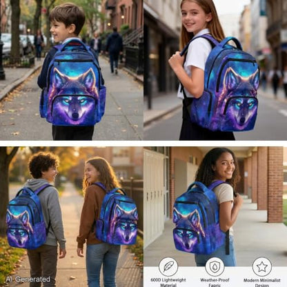 Galaxy Wolf Backpack for Girls Kids Backpack with Lunch Box Water Bottle Pouch and Soft Pencil Case 4PCS Set Cute Bookbag with Front Pocket 17" Large School Bag for Graduation Season Gift - color: Cool Galaxy Wolf
