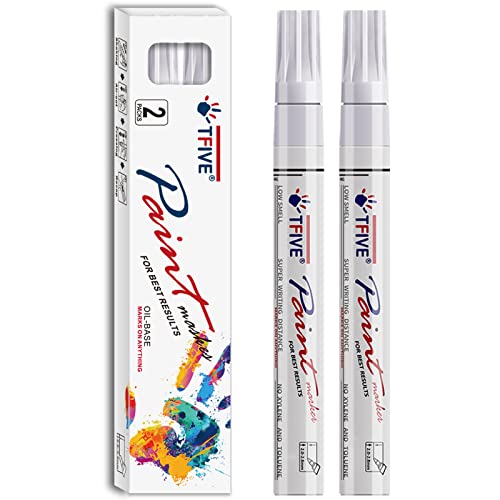 TFIVE White Permanent Markers Paint Pens, 2 Pack Oil Based Paint Markers | Waterproof, Quick Dry, Never Fade, Medium Tip Marker Pens for Rock Painting, Wood, Metal, Plastic, Canvas, Glass, Rubber - color: White