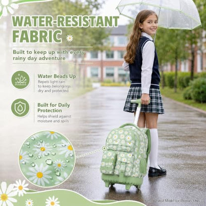 WZLVO 3PCS Roller Backpack, Water Resistance Girls Rolling Bookbag with Wheels, Women Aesthetic Wheeled School Bag, Set with Lunch Bag & Pencil Bag for Teens & Kids - Green Chrysanthemum - color: 3pcs Girls Rolling Backpack - Green Chrysanthemum