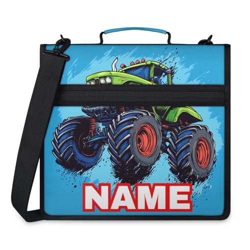 Custom Zipper Binder Green Monster Truck 3 Ring Binder 1.5 Inch Expanding Pockets File Folder Large Capacity Document Organizer Bag with Handle and Strap - color: Multi 4