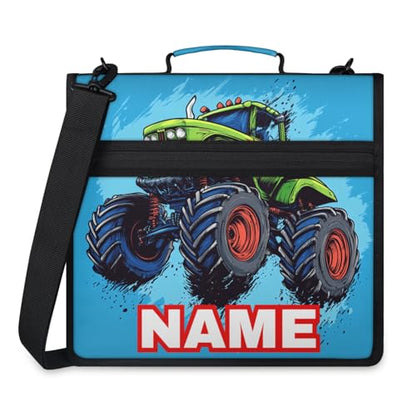 Custom Zipper Binder Green Monster Truck 3 Ring Binder 1.5 Inch Expanding Pockets File Folder Large Capacity Document Organizer Bag with Handle and Strap - color: Multi 4