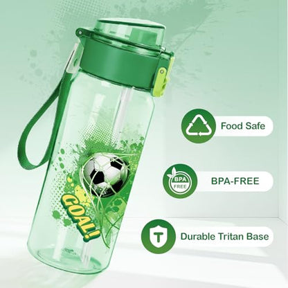 Tritan Kids Water Bottle for School, 18.6 oz Leakproof 2-in-1 Toddler Water Bottle with a Pop-up Detachbale Straw, Dishwasher Safe (Soccer) - color: Soccer