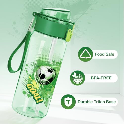 Tritan Kids Water Bottle for School, 18.6 oz Leakproof 2-in-1 Toddler Water Bottle with a Pop-up Detachbale Straw, Dishwasher Safe (Soccer) - color: Soccer