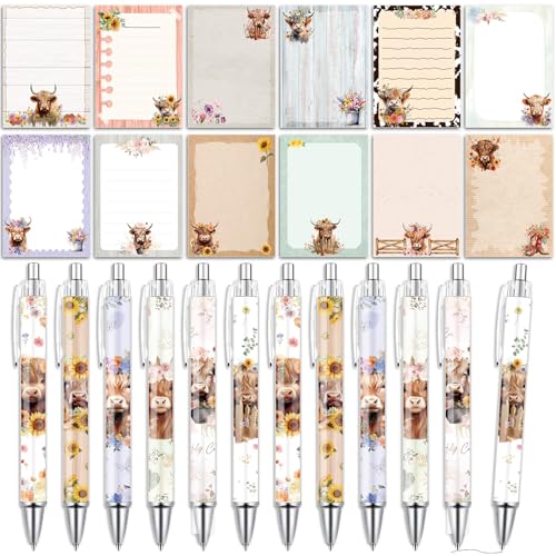 Wxiben Highland Cow Sticky Notes with Pens 24 Pcs Cute Cartoon Animals Notepads Ballpoint Pens Bulk Farm Cattle Notes Black Ink Pen Animal Lover Gifts for Women Men Study Office School Supplies - color: Highland Cow