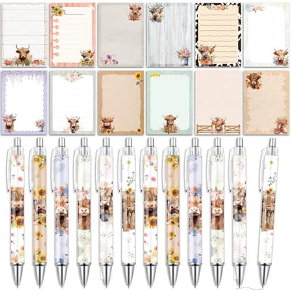 Wxiben Highland Cow Sticky Notes with Pens 24 Pcs Cute Cartoon Animals Notepads Ballpoint Pens Bulk Farm Cattle Notes Black Ink Pen Animal Lover Gifts for Women Men Study Office School Supplies - color: Highland Cow