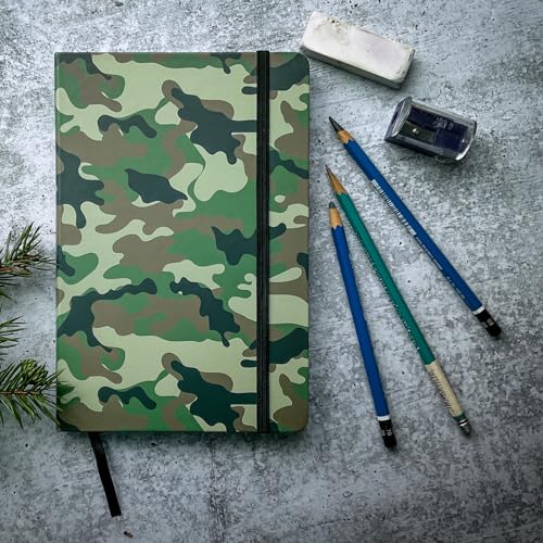 RICCO BELLO Wide Ruled Hardcover Diary Journal, Green Camouflage | School or Travel Notebook, For Boys & Girls, Kids, Tweens, Bookmark, Band Closure, Storage Pocket, 5.7 x 8.4 Inches - color: Green Camouflage
