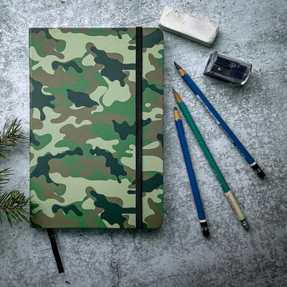 RICCO BELLO Wide Ruled Hardcover Diary Journal, Green Camouflage | School or Travel Notebook, For Boys & Girls, Kids, Tweens, Bookmark, Band Closure, Storage Pocket, 5.7 x 8.4 Inches - color: Green Camouflage