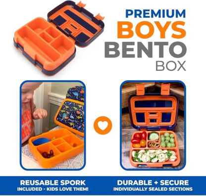 kinsho Bento Lunch Boxes for Boys Toddlers, 5 Portion Sections Secure Lid, Snack Container, Microwave Safe BPA Free Removable Plastic Tray, Pre-School Kid Daycare Lunches, 2 Pack Dinosaur + Rocket - color: Blue Orange & Red