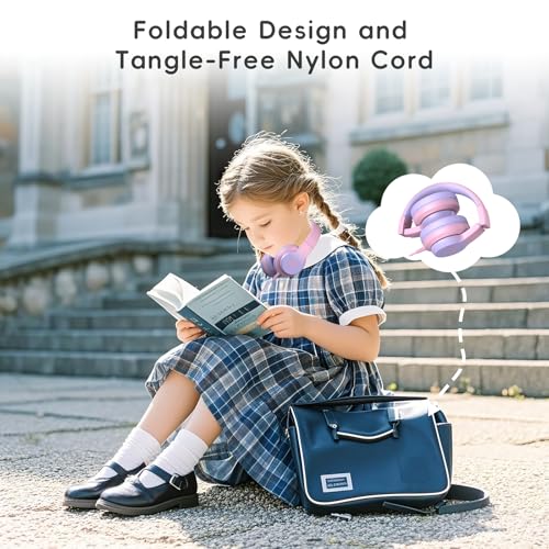 Candy Bila Kids Wired Headphones for Kids with Microphone, 85/94dB Volume Limiter Headphones for Girls Boys, Light Purple - color: Light Purple and Pink