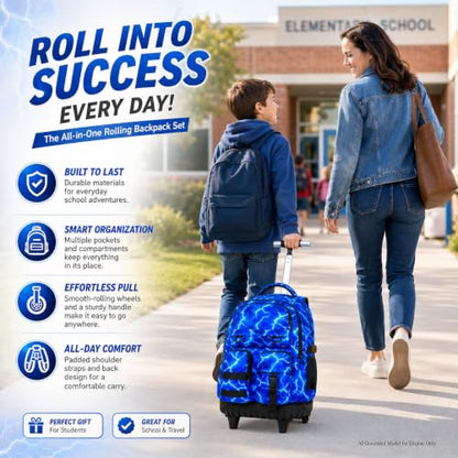 CCJPX Rolling Backpack for Boys, 3Pcs Roller Wheeled School Bookbag, Lightning Wheels Backpacks with Lunch Box for Kids (Blue) - color: Lightning Blue
