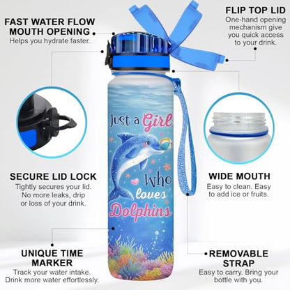 34HD Dolphin Water Bottle with Time Marker & Straw 32 oz, Just A Girl Who Loves Dolphins, Birthday Gifts for Women & Girls Cute Ocean Life Merch Aesthetic Sea Animal - color: Blue dolphin